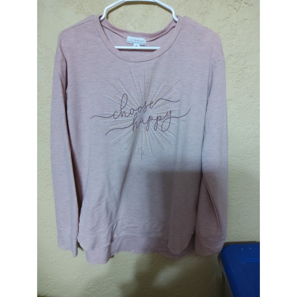 LA Threads Choose Happy Graphic Long Sleeve Top Blush Pink Large